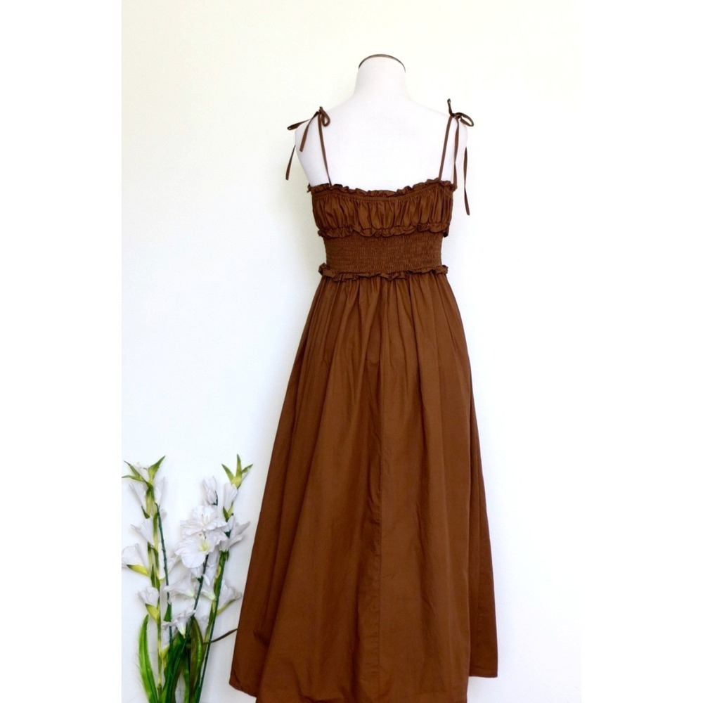 NEW! Sugarlips Orion Smocked Waist Poplin Midi Dress Brown SZ S - Picture 9 of 12